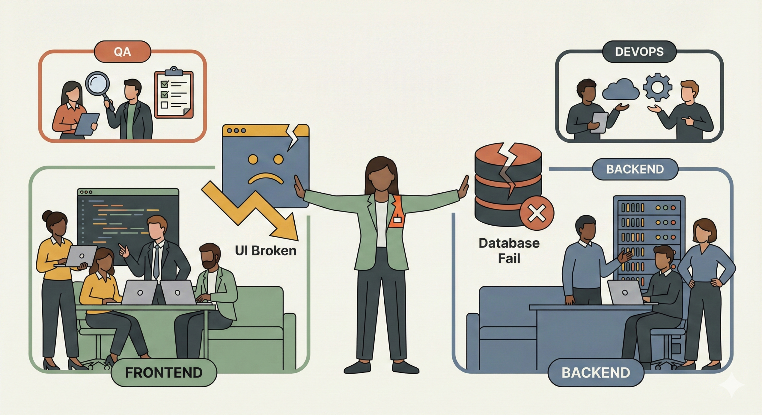 Different IT roles in software development teams QA DevOps Frontend Backend